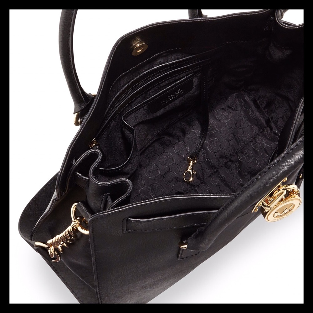 Michael Kors Hamilton Large Saffiano Leather Tote Black With Gold - Picture 13 of 16